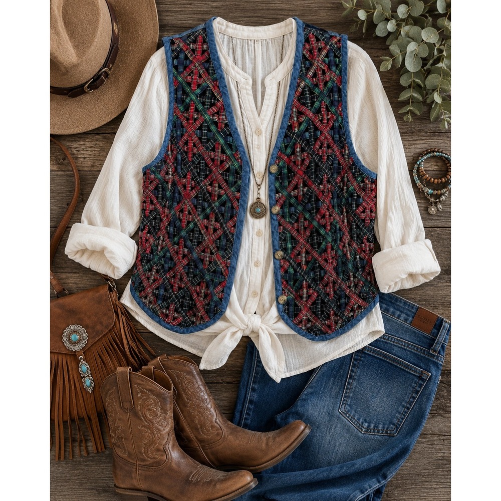 vintage Casey & Max Plaid Ribbon Lattice Denim Vest Large Cottagecore Western